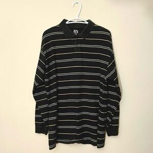 Haggar Black White & Tan Striped Long Sleeve Polo Shirt